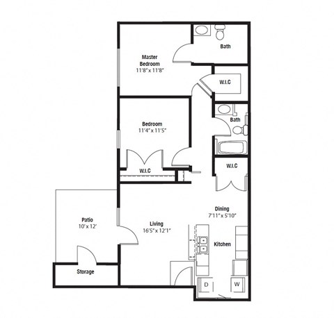 Cherokee Two Bedroom two bathroom floor plan at Shenandoah Properties in Lafayette, IN 47905